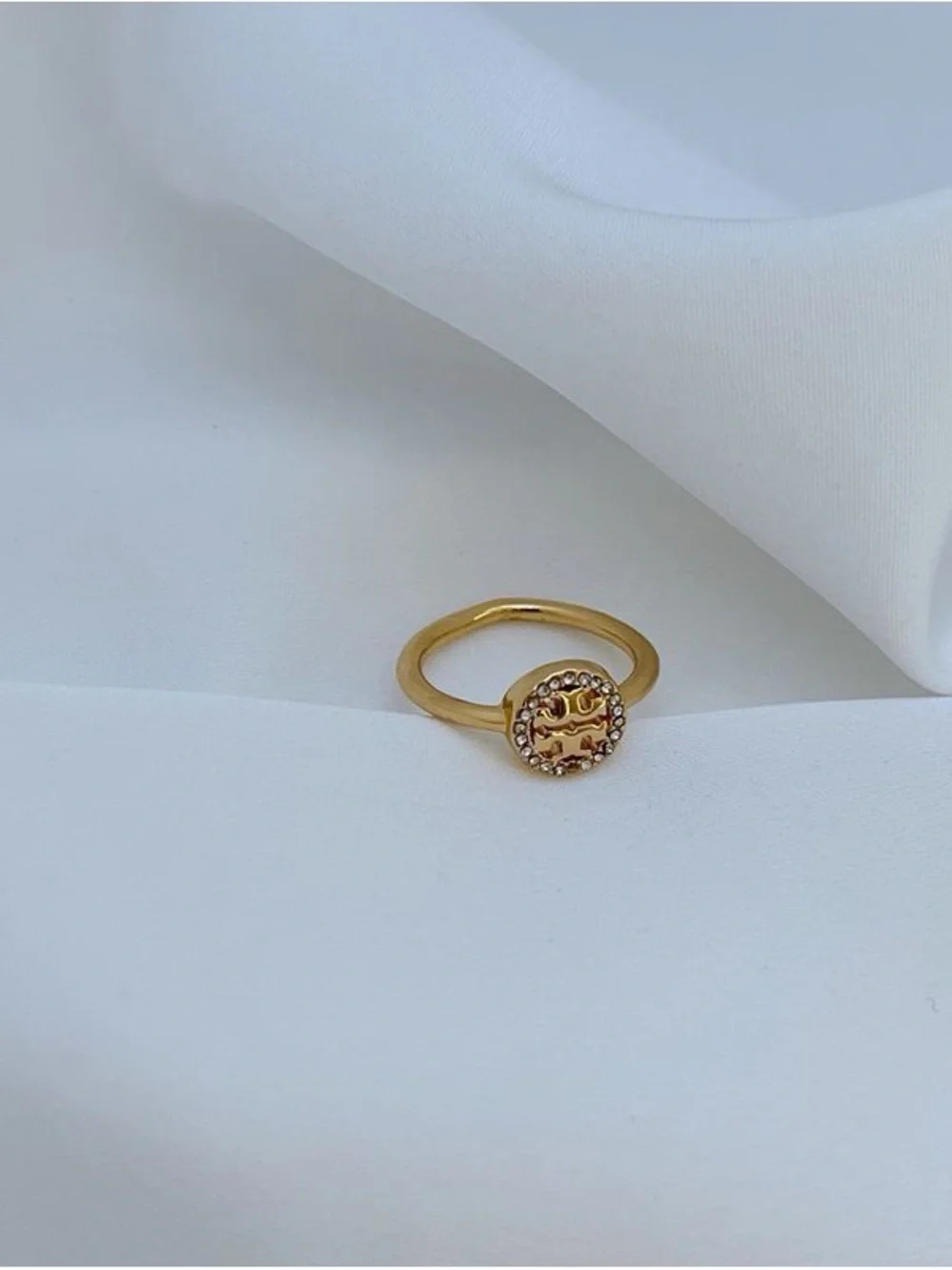 Tory Burch Gold Logo Ring with Crystal Border